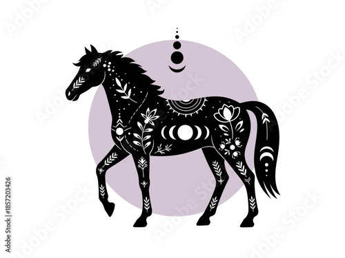 Mystical Black Horse Silhouette with Boho Ornamental Patterns