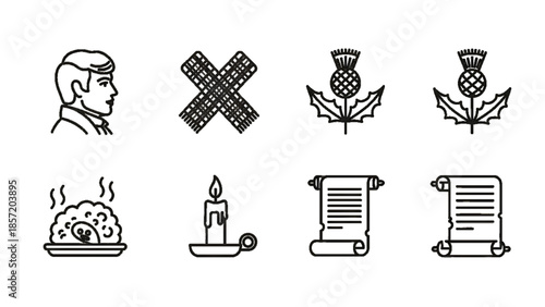 Burns night cultural illustration of symbolic icons showing portrait thistle tartan cross poetry scroll candle and haggis food elements for traditional celebration concept