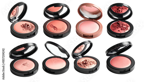 Eight blush compacts of varying pink & coral shades, open and on display