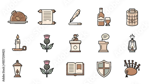 Burns night illustration of haggis food scroll pen whisky bottle thistle flower podium speech lantern shield book and bagpipe icons for scottish culture poetry heritage festival artwork