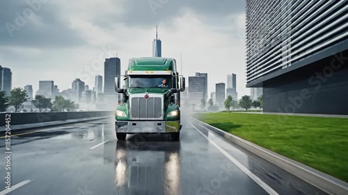 Large green truck transporting produce on wet road