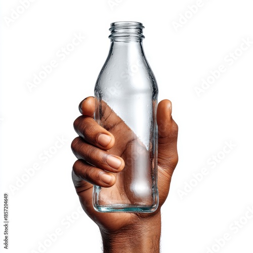 Hand holding empty glass bottle minimalist studio photography with focus on object
