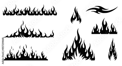 Set of black fire flame vector icons. Simple flat burning fire silhouette collection. Hot energy symbol for graphic design. Blaze pictogram illustration isolated. Transparent background SVG version.