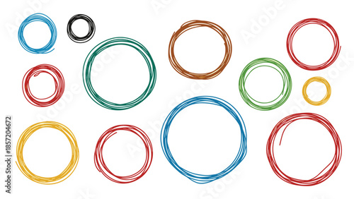 Collection of colorful hand-drawn circles with a scribble texture, creating versatile round frames for graphic design elements.