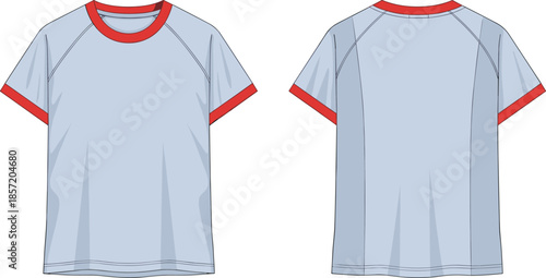 Raglan sleeve ringer t shirt front back view cad drawing flat vector illustration fashion technical apparel design