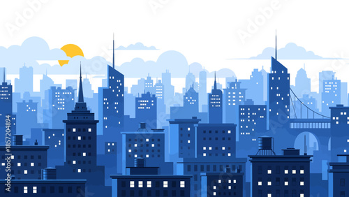 Modern City Skyline with Tall Buildings and Bright Sun.