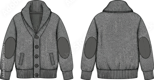 Shawl collar knit cardigan front back view cad drawing flat vector illustration fashion technical winter apparel design