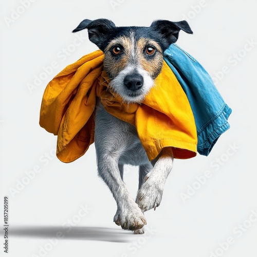 Playful dog running with shorts in its mouth outdoor park fun moment vibrant scene