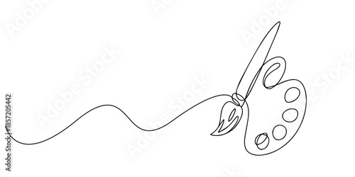 Paint palette and art brush continuous one line drawing minimalist style isolated vector illustration, A single line drawing of a palette. Continuous line coloring palette icon. One Art brushes, pro.
