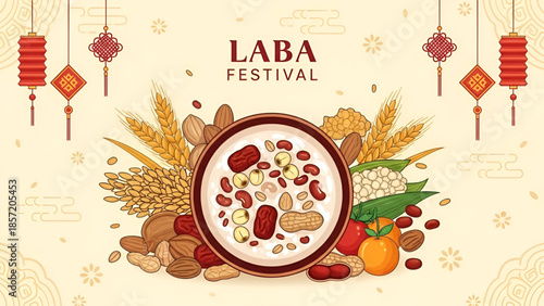 Capital laba festival illustration showing cultural celebration bowl of traditional porridge with grains wheat nuts beans peanuts almonds and seasonal harvest food elements for festive artwork