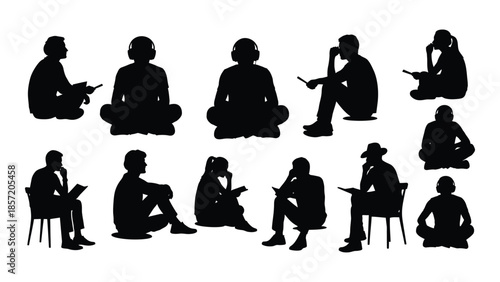 Collection of diverse human poses and activities depicted in a dark silhouette