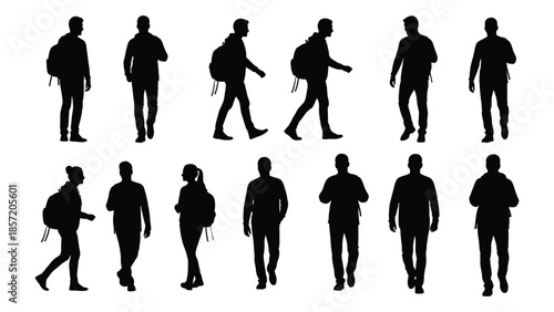 Collection of diverse black silhouettes depicting people in various walking poses silhouette