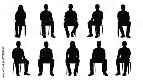 A collection of seated figures in dark shades presented as a stark silhouette