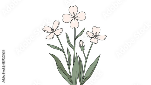 Simple and charming illustration of pale pink wildflowers with green stems and leaves in a clean, minimalist doodle style.
