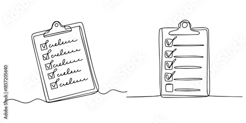Clipboard with a checklist continuous one line drawing minimalist style outline vector illustration, Clipboard Checklist Single Line Drawing, Checklist on Clipboard Task Completion, Planning, pro.