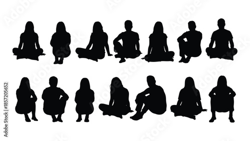 Diverse yoga poses depicted in black minimalist forms creating a serene silhouette