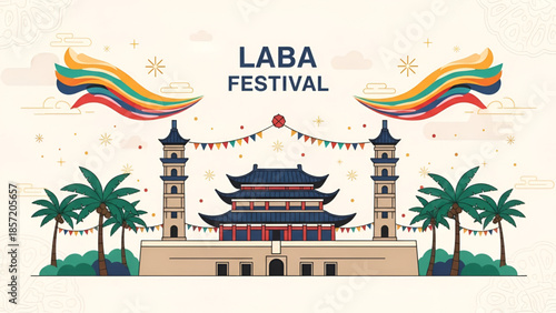 Capital cultural illustration of laba festival temple architecture with colorful banners palm trees rainbow clouds and traditional celebration elements for seasonal holiday artwork design