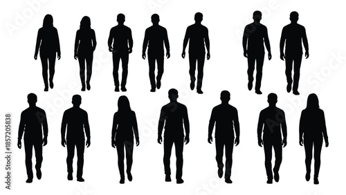 A collection of diverse human figures walking forward presented as a dark silhouette