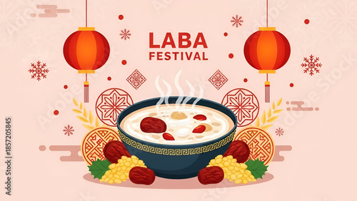 Capital traditional laba festival celebration illustration with warm bowl of steaming porridge and red lantern decoration on soft background for culture food winter holiday concept artwork