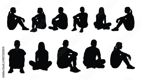 Diverse group of people in various seated and relaxed poses black silhouette