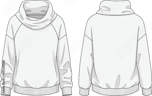 Women cowl neck sweatshirt front back view cad drawing flat vector illustration fashion technical casual apparel design