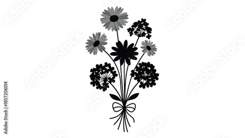 Monochrome silhouette of a wildflower bouquet with daisies and Queen Anne's lace, tied with a simple ribbon for decoration.