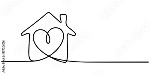 Heart inside house continuous one line drawn. Love home concept. Vector illustration isolated on white, House outline with heart inside, copy space, residential building continuous one art line drawn