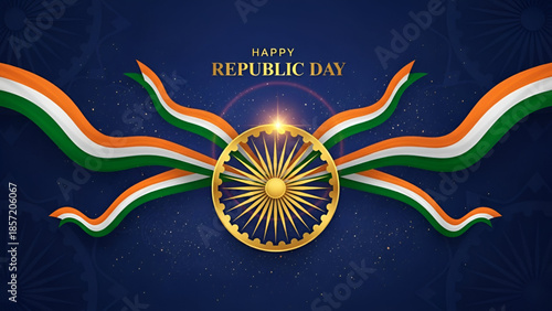 Capital festive india republic day celebration background with golden ashoka wheel and tricolor ribbon design on blue backdrop for national patriotism culture pride and freedom concept artwork