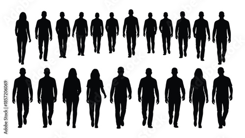 A diverse group of people walking forward represented as a black silhouette