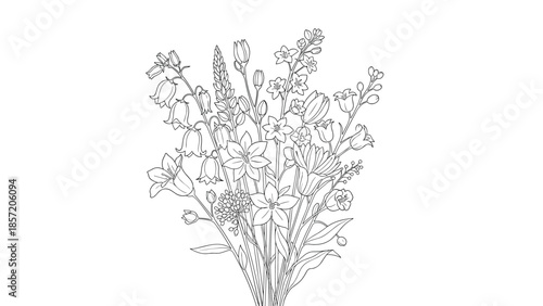 Hand-drawn bouquet of various wildflowers including bluebells and snapdragons in a clean black and white line art style.