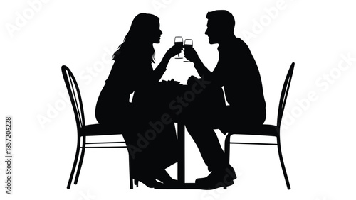 A romantic dinner for two featuring a couple toasting with wine silhouette