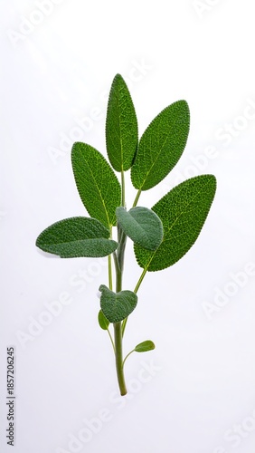 Green foliage branch with textured leaves, isolated on a bright, clean background