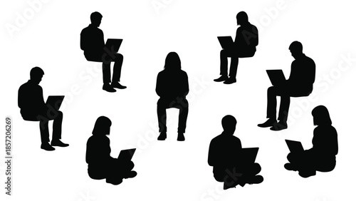 A group of people in various seated positions depicted as a black silhouette