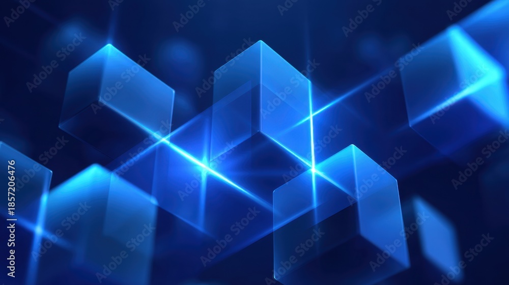Abstract 3D Digital Blue Cubes with Bright Light Effects in a Dark Background for Technology or Futuristic Themes
