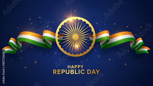 Capital festive india republic day celebration background with golden ashoka wheel and tricolor ribbon design on blue backdrop for national patriotism culture pride and freedom concept artwork