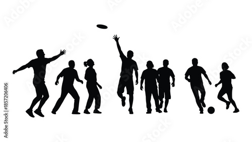 A group of people playing frisbee and soccer depicted as a striking silhouette