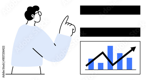 Person pointing at information with a rising bar chart and arrow indicating success. Ideal for data analysis, business growth, analytics, statistics, progress, education, simple flat metaphor
