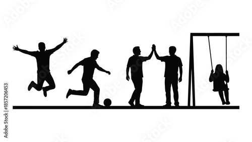 Stages of childhood jumping running playing high fiving and swinging a dark silhouette