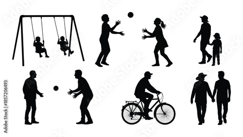 a collection of people enjoying outdoor activities including swings and games silhouette