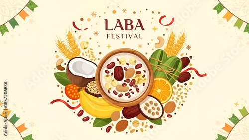 Capital festive laba festival illustration showing traditional porridge bowl with grains nuts fruits coconut banana orange and seasonal celebration food elements for cultural holiday artwork