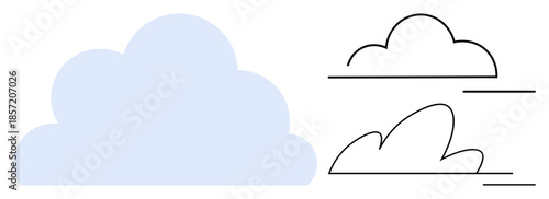 Weather forecast, cloud computing, design elements, abstract art, digital storage, minimalism. Three cloud shapes are with solid and outline styles. Weather forecast and cloud computing concepts