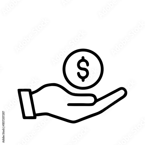 Black outline icon of a hand holding a floating dollar coin on white background. Perfect for financial blogs, banking apps, and donation sites for topics like micro-finance, savings, and giving.