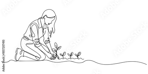 Continuous one line drawing young female farmer planting plant shoots in the ground. Start the planting period.An illustration of a young female farmer planting plant shoots in the ground. Minimalism 