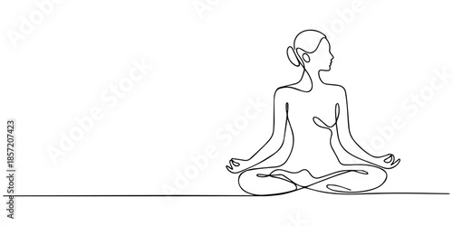 Woman sitting in lotus pose yoga. Continuous one line drawing. one line Icon drawing with white background, Drawing of a woman sitting in lotus pose and meditating in one line art style. Yoga vector.