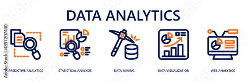 Data Analytics Outline Web Banner Icon Vector Illustration for Business Analysis and Data Insight Concept with Predictive Analytics, Statistical Analysis, Data Mining, Data Visualization, Web Analytic