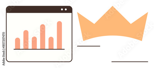 Bar graph inside a web browser window alongside a crown. Ideal for data analysis, leadership, success, business growth, achievement, strategy, and excellence concepts. Simple flat metaphor