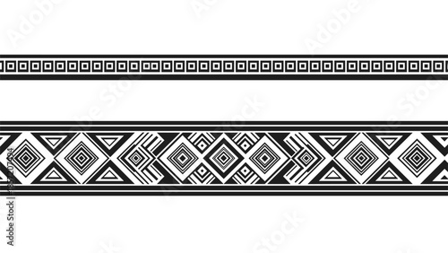 Set of two black and white seamless tribal borders with geometric patterns, featuring squares, triangles, and diamonds.