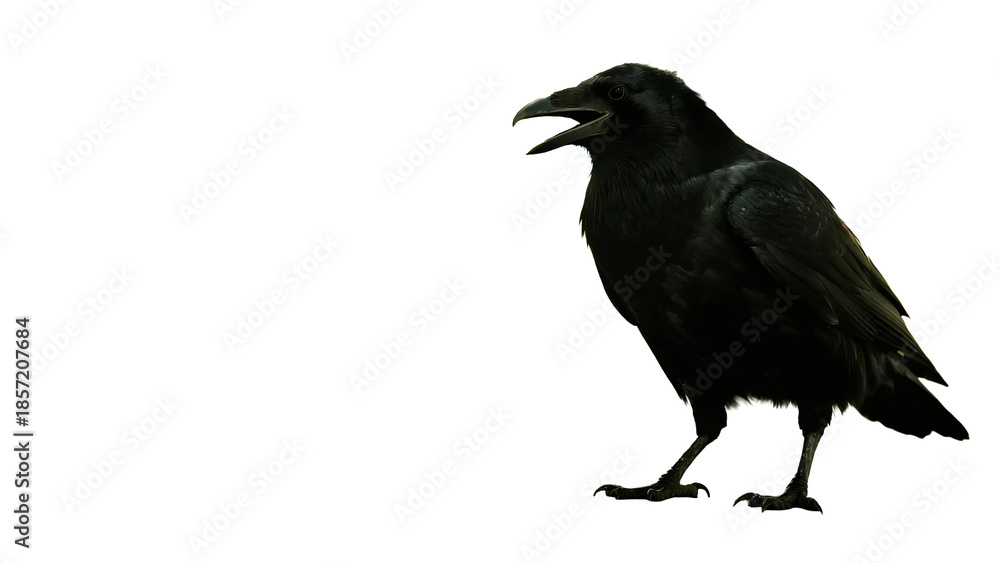 Fototapeta premium Angry crow cutout, transparent image.png. Cawing. Kitchen scraps. Natural predator. Garbage disposal. Black crow. Black bird.