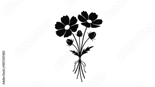 Black silhouette of a cosmos flower bouquet with buds and roots, creating a rustic, hand-picked botanical design element.