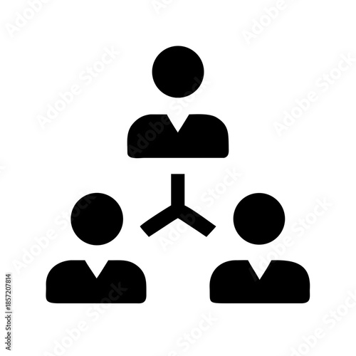 A clean, black vector icon depicting a three-person organizational hierarchy or network structure. This minimalist design is ideal for corporate branding, team management app interfaces